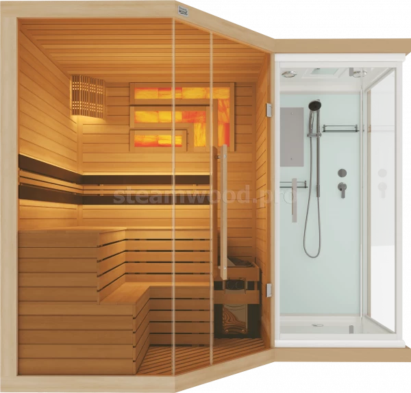 Трехместная угловая финская сауна Luxury из кедра с Душевой кабиной
